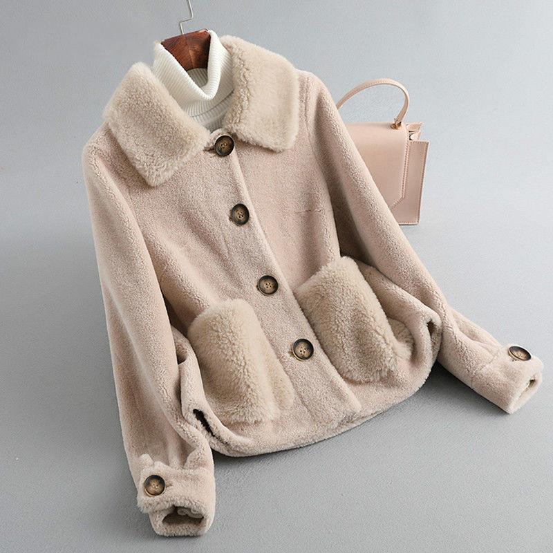 

2021 New Autumn Winter Women Thick Warm Real Fur Coats Female Turn-Down Collar Nature Wool Sheepskin Fur Jackets Overcoats Z209, Lai jin huang