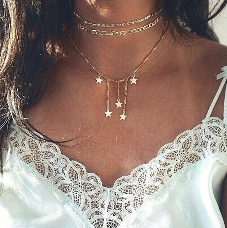 

fashion vintage jewellery chains charm gold necklace pendant star boho layered choker women accessories jewelry bridesmaid gift