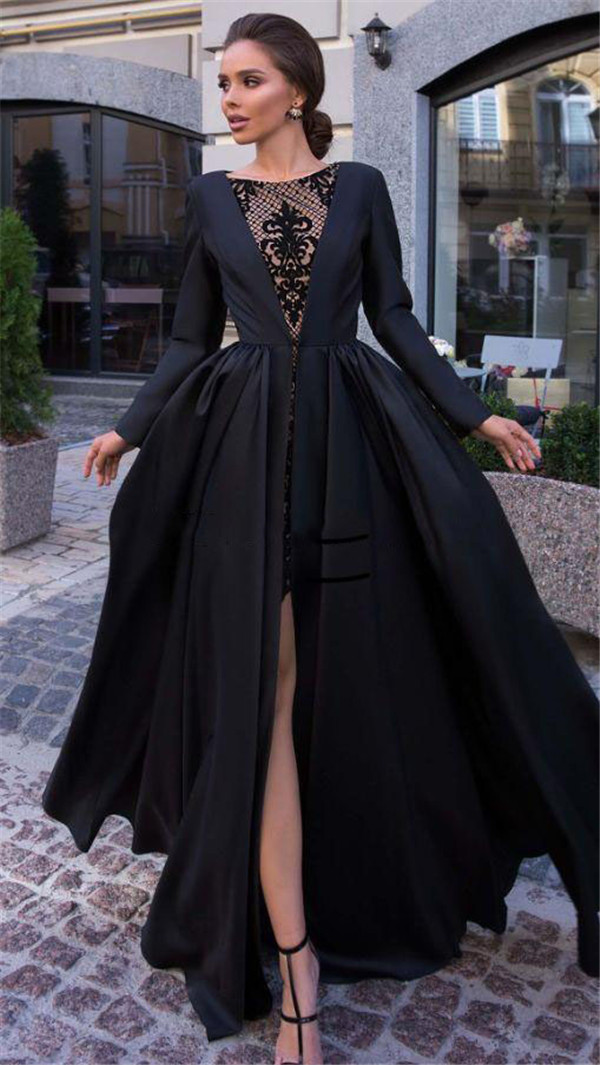 Designer Black Lace Prom Dresses With Jacket Bateau Neck Long Sleeves Evening Gowns Floor Length Plus Size Satin Formal Dress