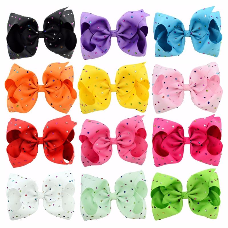 

12pcs/lot 8inch Large Solid Grosgrain Ribbon Bows With Colorful Rhinestone For Kids Hair Clips Hairpins Hair Accessory 818, Multi