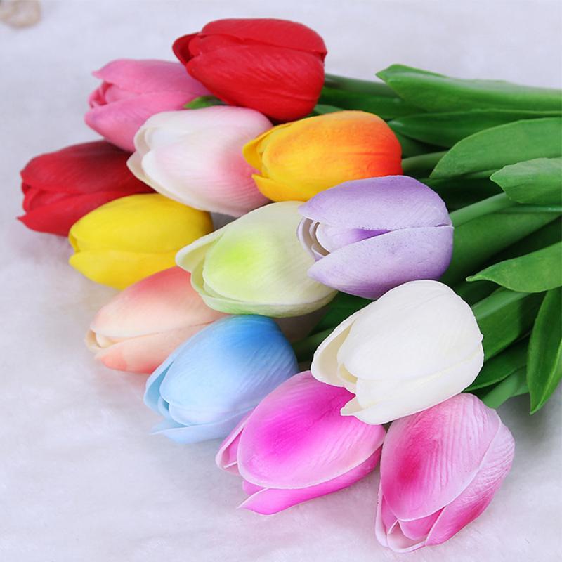 

12pcs Gift Real Touch Tulip Random Color Fake Bridal Mini PU Party Office Artificial Flower Bouquets Wedding, As pic