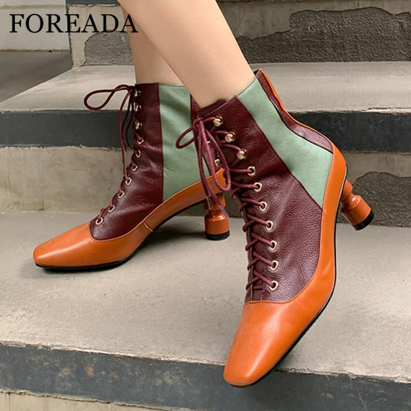 

FOREADA High Heel Ankle Boots Real Leather Square Toe Woman Boots Strange Style Heel Short Lace Up Female Shoes Brown 40, Brown velvet lining