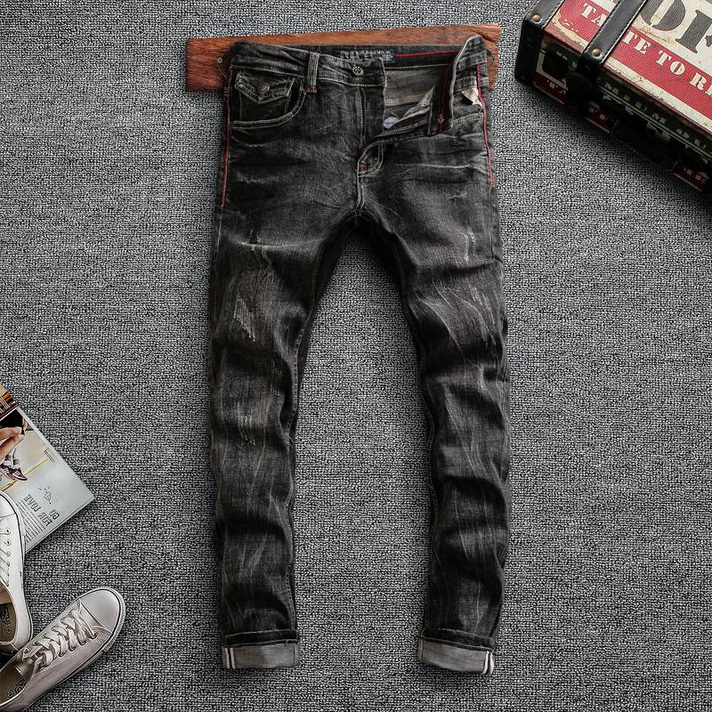 

Italian Style Fashion Men Jeans Retro Black Gray Elastic Slim Fit Ripped Denim Pants High Quality Vintage Designer Long Trousers