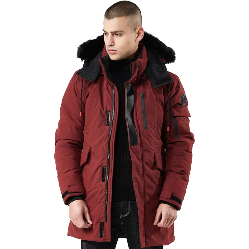 

New winter for warm men leisure fur thicken jacket with wind-proof hood streetwear hiphop long coat, Burgundy.