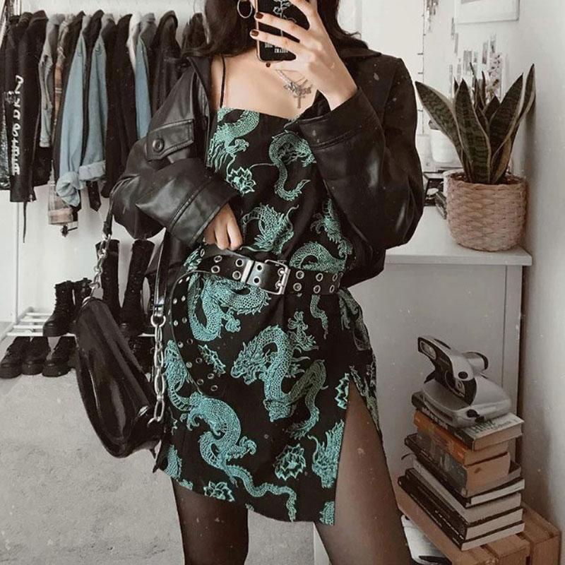

Gothic Punk Style Sexy Summer Vintage Women Harajuku Dress Dragon Hem Split Sundress Mini Dress Street Mujer Vestidos Robes, Black