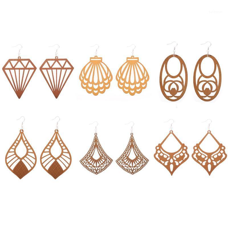 

6 Pairs Good Quality Wood Earrings Organic brown Hollow African Woman Wooden Brincos1