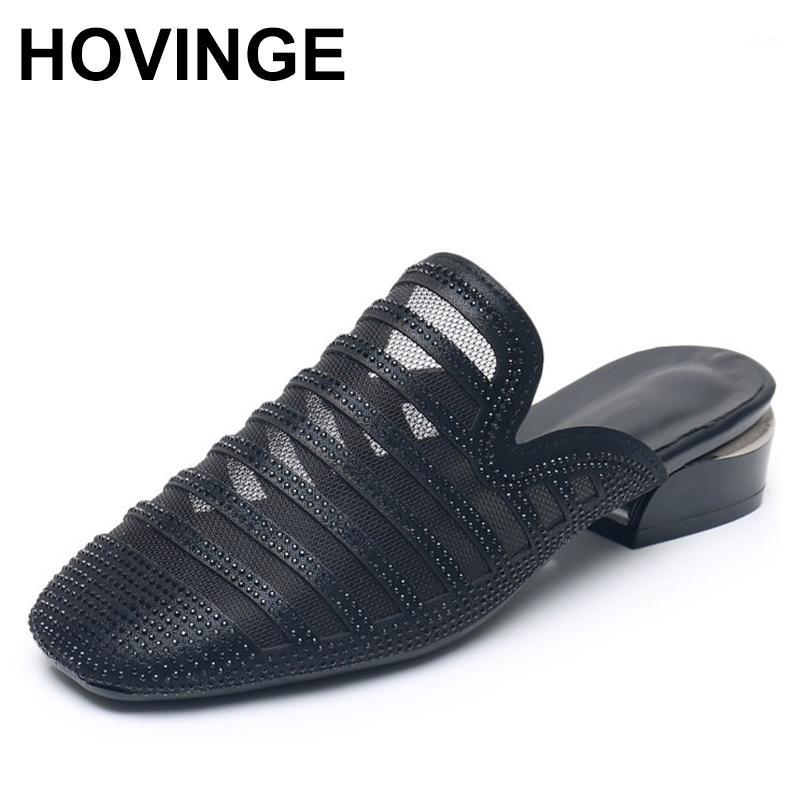

HOVINGECrystal block slippers sexy mesh shoes gold chunky designer sandals women luxury 2020 diamond mules bling bridal holiday1, Black