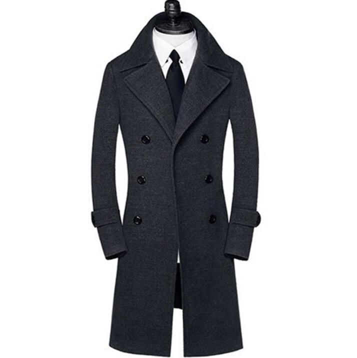 

Double breasted woolen coat men trench coats long sleeves overcoat mens cashmere coat casaco masculino inverno erkek england 9XL, Black