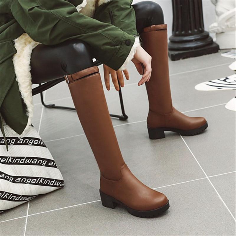 

PXELENA Hot Women Knee High Riding Punk Gothic Boots Chunky Block High Heels Back Zip Buckle Combat Knight Shoes1, Brown autumn