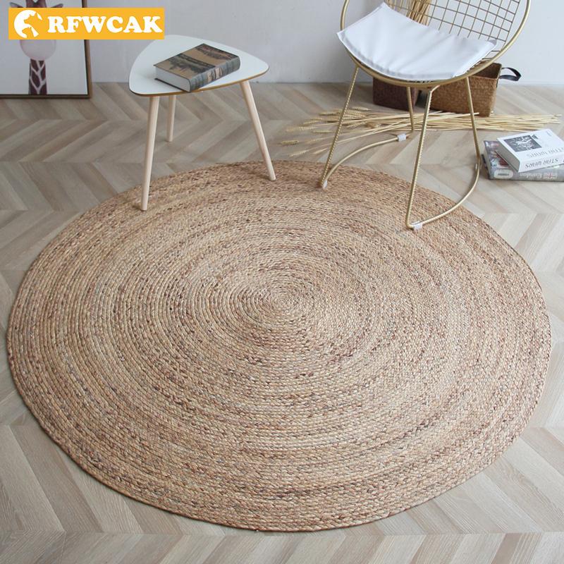 

Phil Hand-made Waterweed Woven Circular Nordic Minimalist Jute Living Room Bedroom Study Coffee Table Decorative Carpet, Wheat yellow