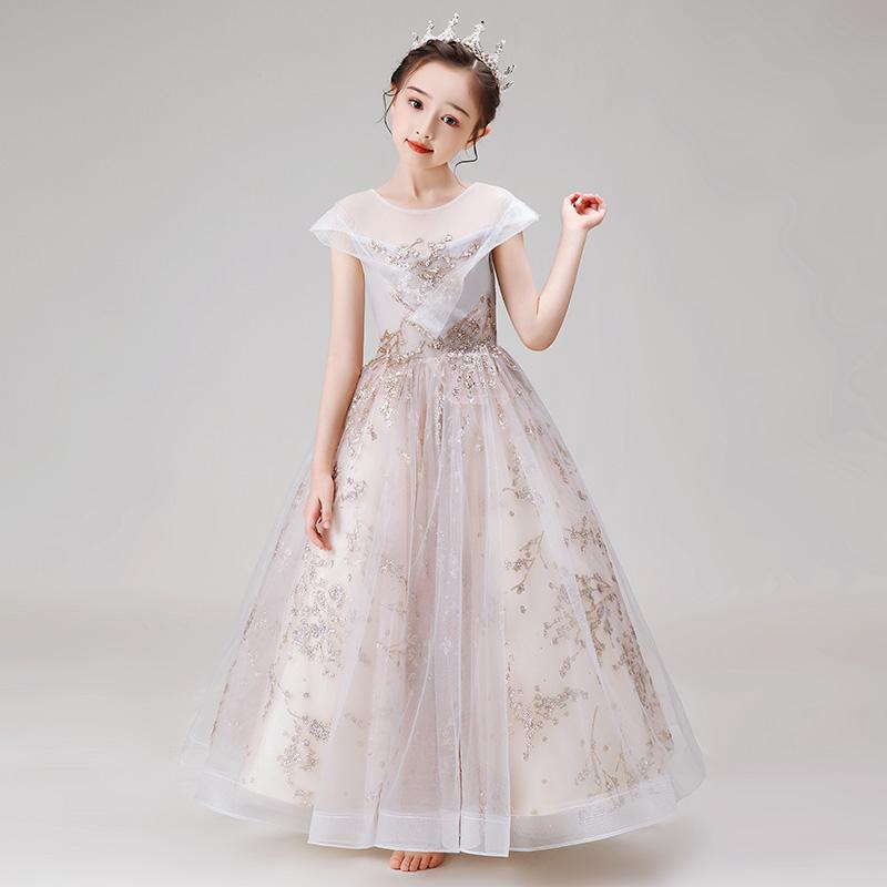 

Flower Girls Dresses Ball Gown O-Neck Floor-Length Sleeveless Sequined Tulle Pleat Lace Luxury Princess Kids Party Dress D169, Gold