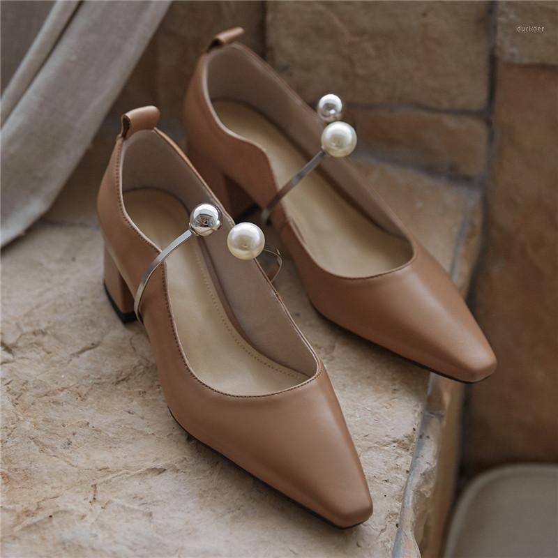 

Elegant Women Handmade Genuine Leather Pumps Chunky Med Heels Pearls Metal Decor All Match Pointed Toe French Style Women Shoes1, Beige