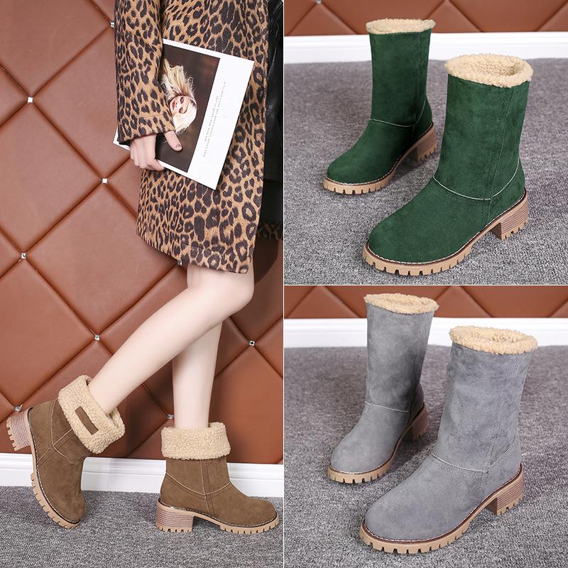 

Ladies Mid-Tube Thick-Heeled Wool Snow Boots Women's Fashion Cotton Boots Female Warm And Comfortable Plush Shoes Large Size 43, As pic show