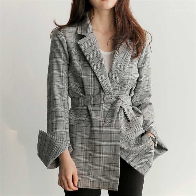 

2020 New Autumn winter women blazer jacket casual Jackets Outerwear England Style Cardigan TopsRetro plaid suit M131, Gray