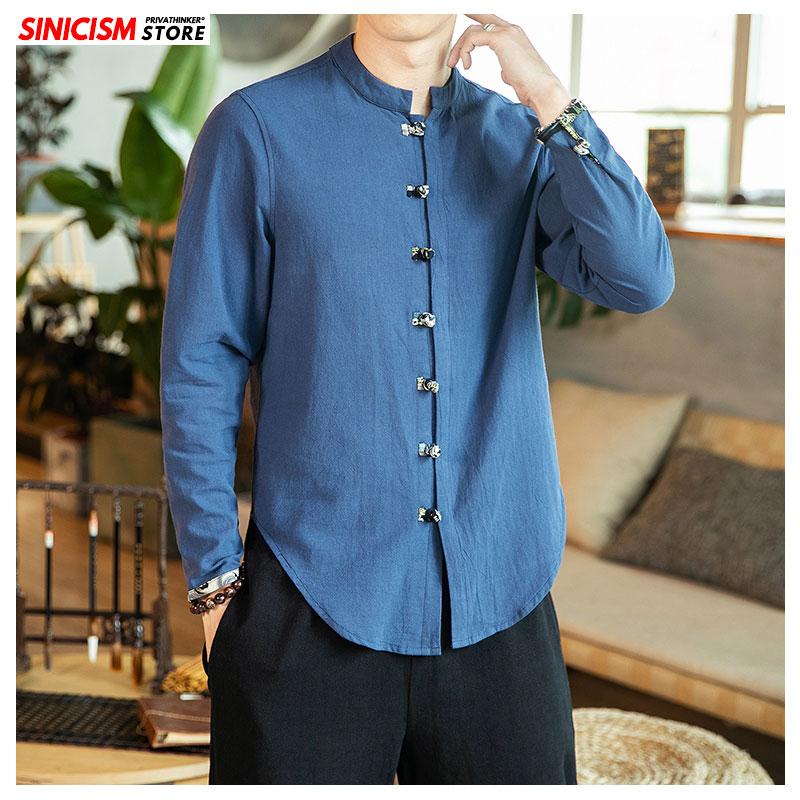 

Sinicism Store Men's Solid Long Sleeve Shirts Men 2020 Autumn Vintage Chinese Style Clothes Male Oversize Mandarin Collar Shirt, Lightgray(asiansize)