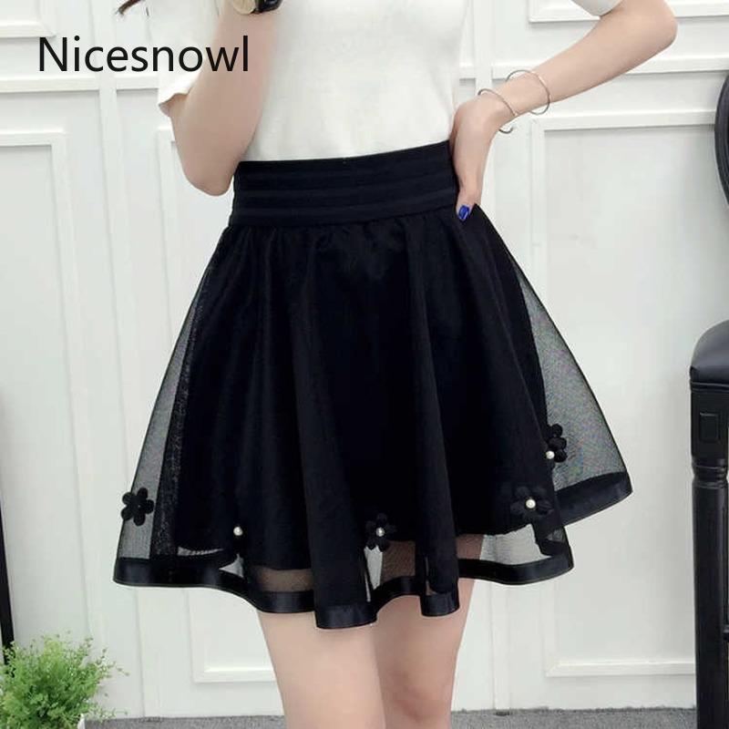 

Mesh Skirts Womens 2021 Summer Spring Floral Breathable Elastic Waist Short Skirt Women Outwear A-line Elegant Casual Lace Up, Black embroidery