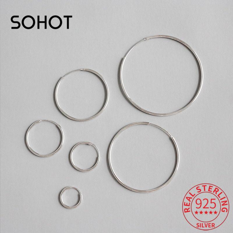 

SOHOT Minimalist Real 925 Sterling Silver Round Women Hoop Earrings Series Size Circle Accessory For Female Jewelry Party Gift