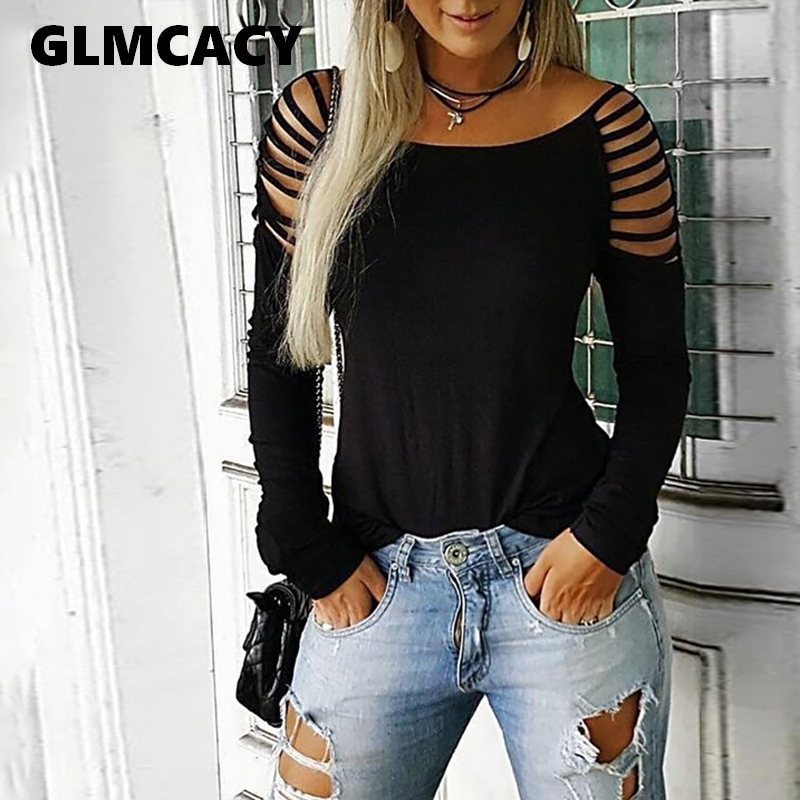 

Women Leopard Print Black T Shirt Ladder Cut Out Long Sleeve T-shirt Casual O Neck Summer Tee Tops Y200109