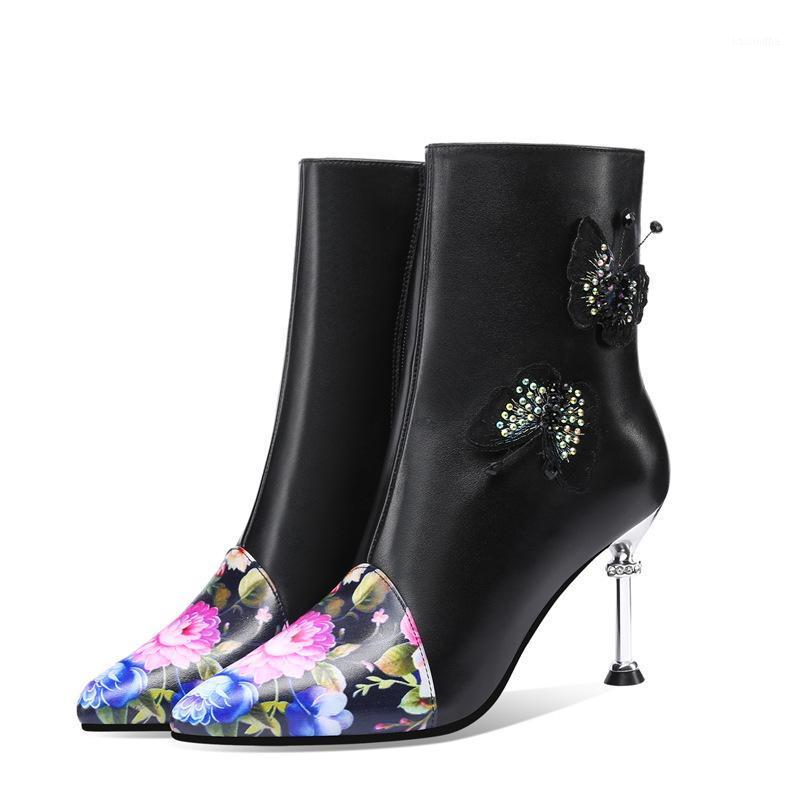 

Womens Pointy Toe Genuine Leather Ankle Boots Floral Printed 3D Butterfly Rhinestones Metal High Heel Shoes Warm Winter New 20211