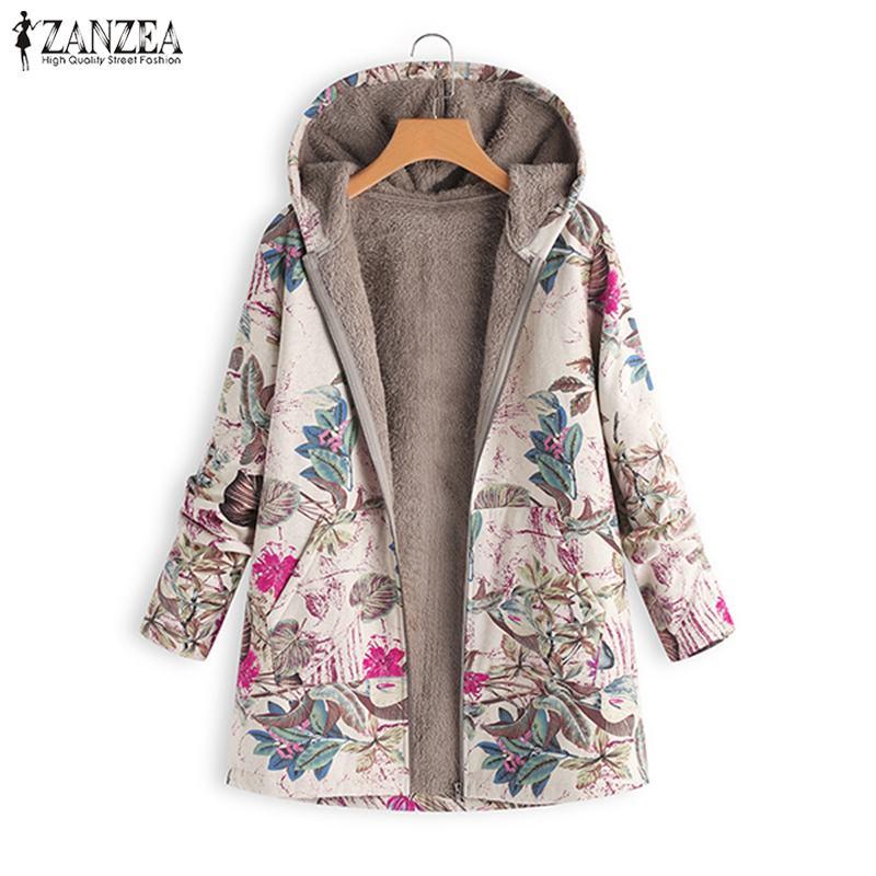 

5XL ZANZEA Women Open Stich Faux Fur Coat 2020 Winter Plush Fluffy Jackets Vintage Hooded Long Sleeve Floral Printed Overcoat, Blue