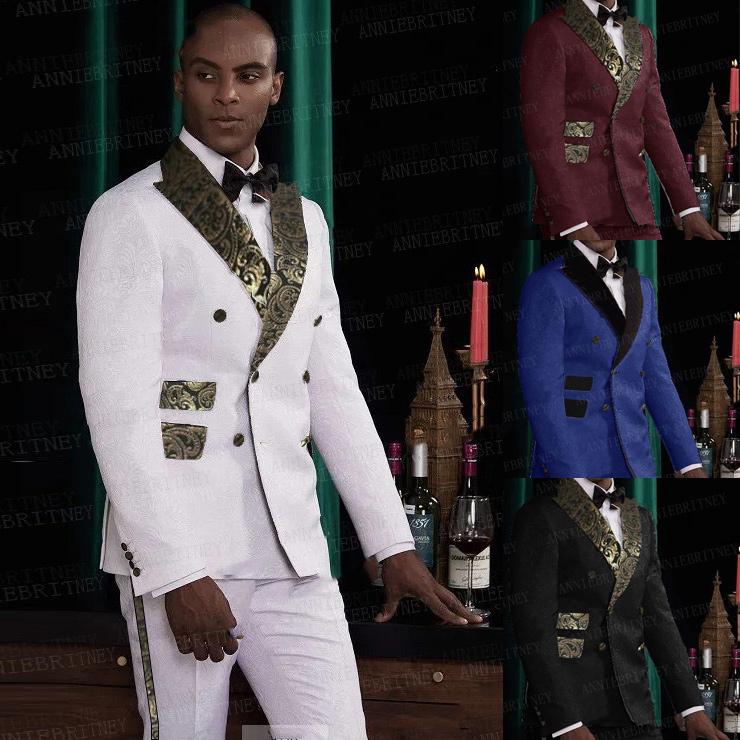 

Double Breasted Men's White Wedding Suits 2 Pieces Set Fashion Designs Gold Collar Groom Prom Dinner Dress Tuxedo Blazer Pants, Black