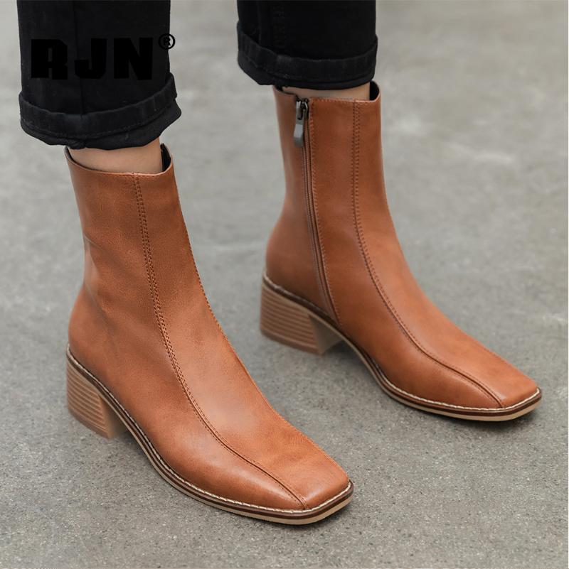 

RJN Britian Style Ankle Boots Classic Square Toe Mid-heel Genuine Leather Women Shoes Zipper Solid Color Ankle Boots Women RO266, Black