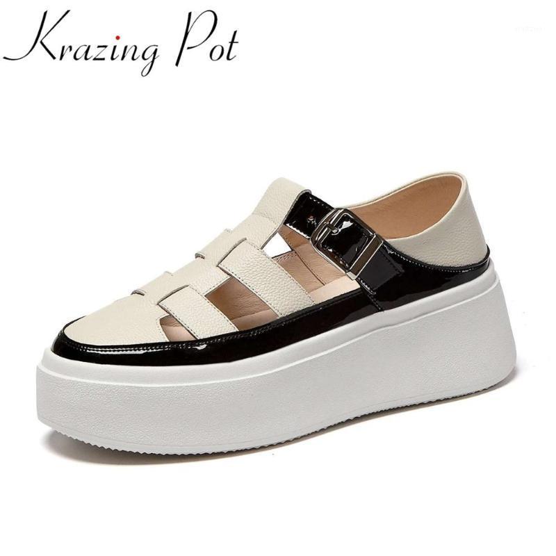 

Krazing pot 2020 mixed color genuine leather round toe high heels hollow buckle straps British school style summer sandals L201, White