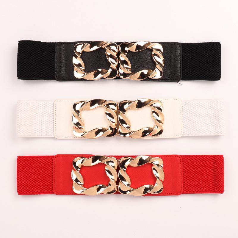 

Korean style square buckle ladies girdle dress wide belt fashion elastic belt, White