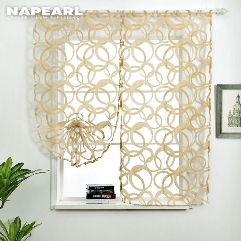

NAPEARL 1 Piece Short Roman Drops Tulle Fabric Rustic Curtains Floral Circle Stripe Jacquard Cream Color Drapes Kitchen Windows, Smt462