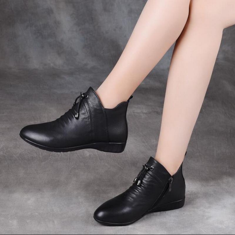 

New Style Genuine Leather Women Ankle Boots Autumn Fashion Pleated Zipper single boots Women Flats comfortable Spring Ladies Sho, Black