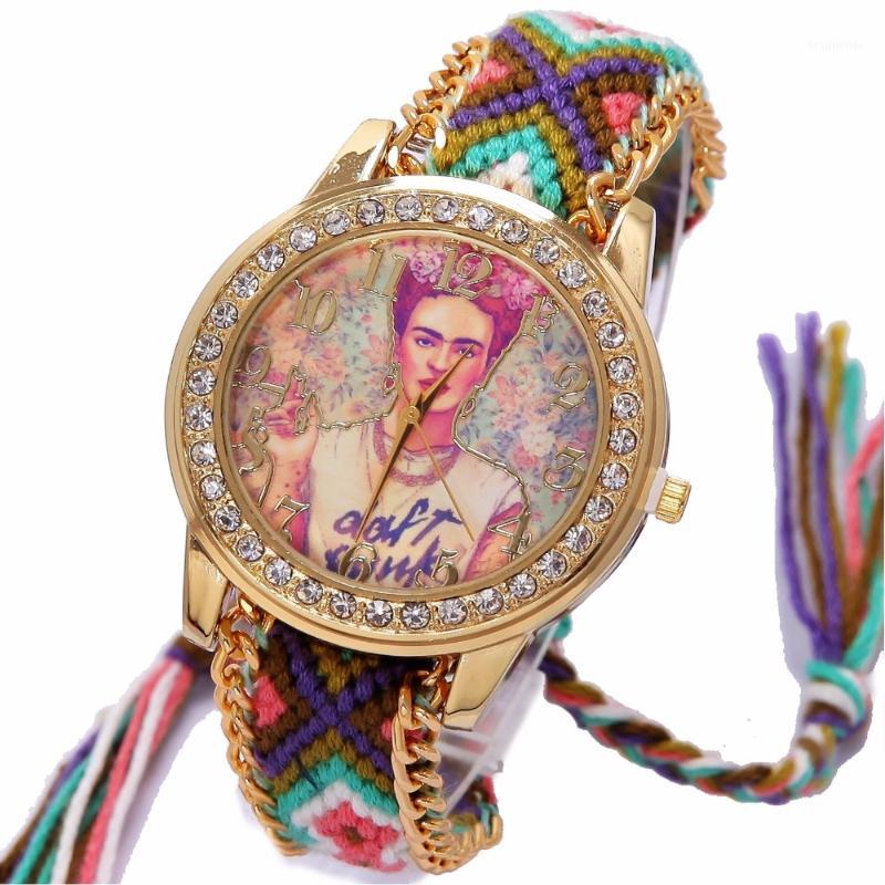 

Rainbow Geneva Watch Women vintage hippie Mexican Rhinestone Style dial Fridas Fashion wristwatch Lace Chain Braid Reloj1, Red