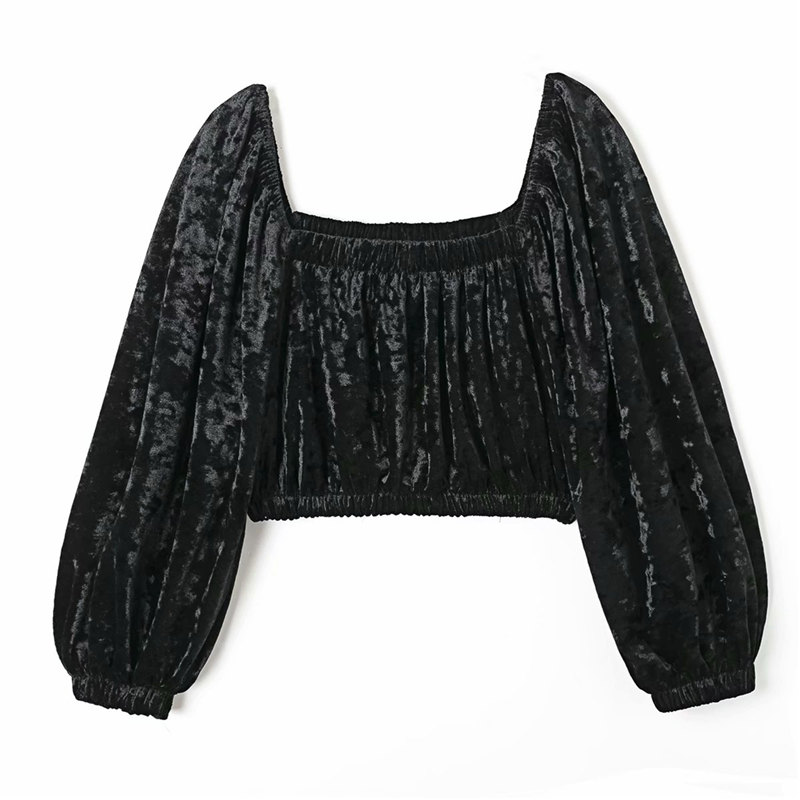 

2021 New Elegant Women Square Collar Shirts Fashion Ladies Lantern Sleeve Tops Streetwear Female Chic Black Veet Short Blouses 73hj