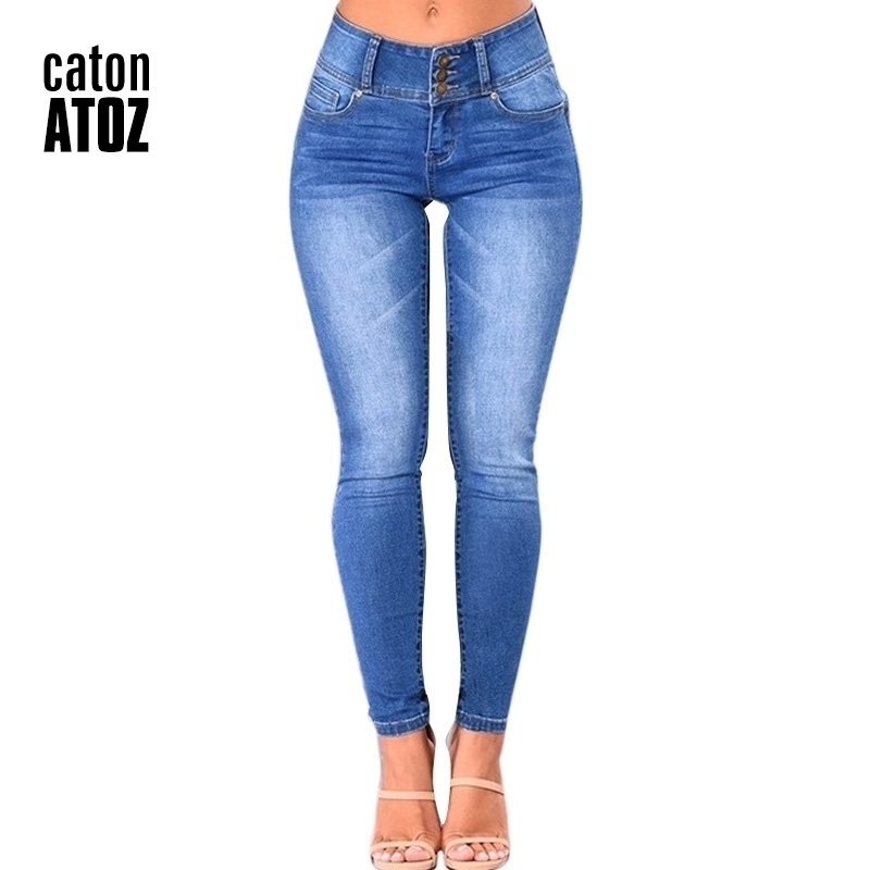 

catonATOZ 2143 Mom New Women Pencil Stretch Skinny Mid High Waist Pants Women's Blue Slim denim Jeans 201102