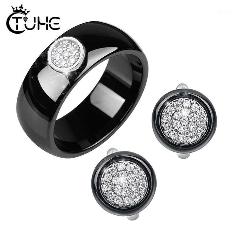 

Elegant Formal Dress Jewelry Sets Circle Shape CZ Rhinestone Never Fade Ceramic Rings Stud Earrings Jewlery Sets Christmas Gift1, As pic