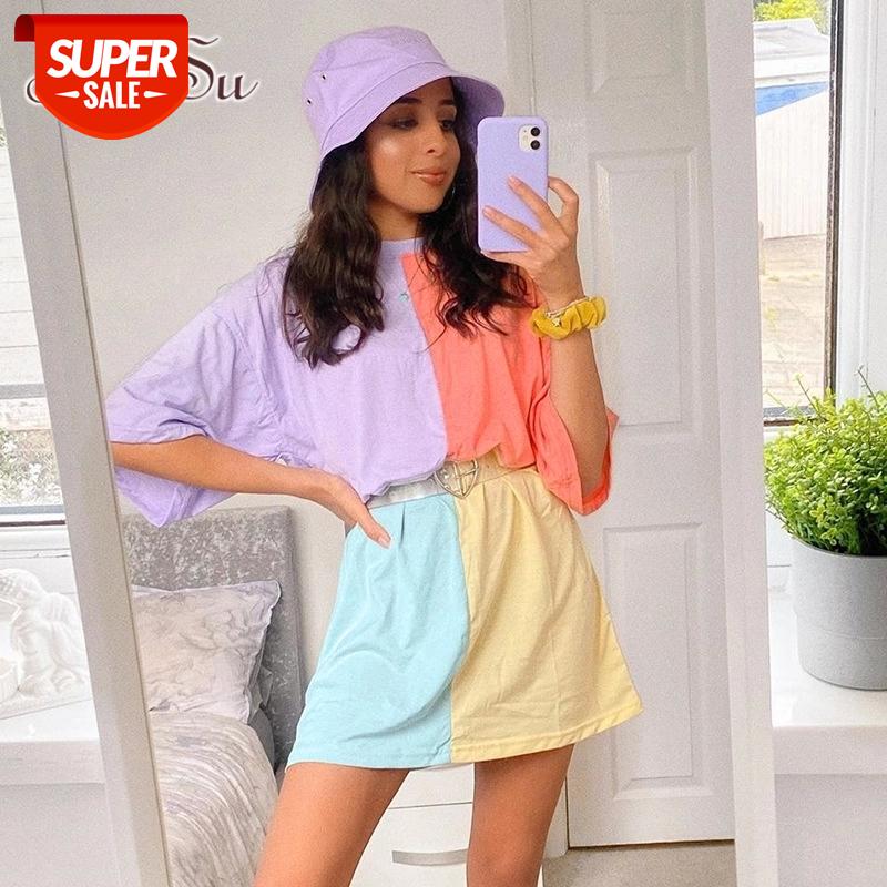 

ArtSu Patchwork Colorful Casual Oversize T Shirt Loose Short Sleeve Cotton Tshirt Dress Women Harajuku Summer Streetwear #hH6f, White