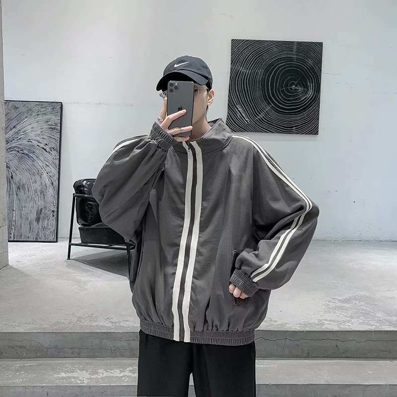 

2021 Men's Autumn Lean New Winter Double Stripe Jacket Lapel Young Clothes SF4F, Dark gray.