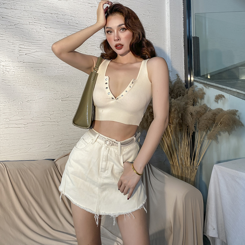 

2021 New Practical All Match 3-color Small String Elastic Cord Buckle Cotton Short Sexy Top Female Casual Mesh Tank TJQR, Beige