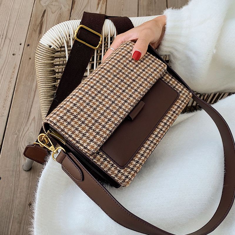 

Vintage houndstooth women shoulder bags designer handles wide crossbody luxury bag of plutonium leather messenger purse lady little aleta, Coffee