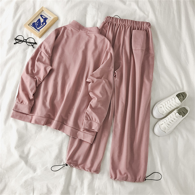 

2021 New Autumn Tracksuit for Female Sports Style 2 Piece Loose Korean with Long Sleeve Sweatshirt Pants Two Suit Parts L987, Pink