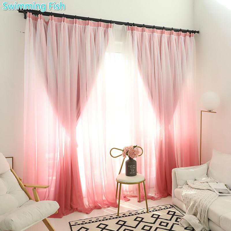 

2 Layers Insulated Blackout Curtains Bedroom Window Curtain Drape Sewed with Gradient Sheer Voile For Living Room Cortina Blind1, Pink
