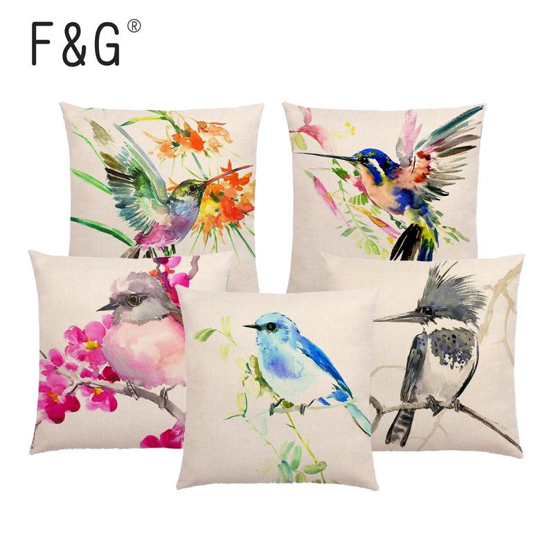 

Watercolor Cute Bird Cushion Cover Linen-cotton Animal Print Pillow Cover Car Sofa Home Decoration Throw Pillow, 23