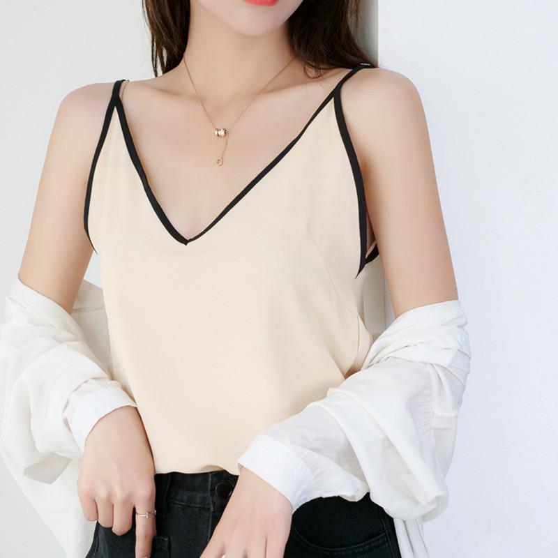 

Trendy Chiffon Small Camisole Casual Women Summer Streetwear Vest V-neck Bottoming Strap Shirt Sleeveless Satin Tank Top /L1, Black