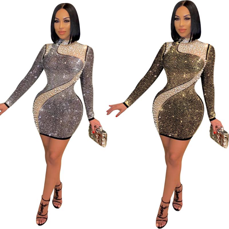 

Casual Dresses Women O Neck Diamonds Dress Long Sleeve Bodycon Mini Night Club Sexy Mesh Patchwork Party Elegant Vestidos, Gold