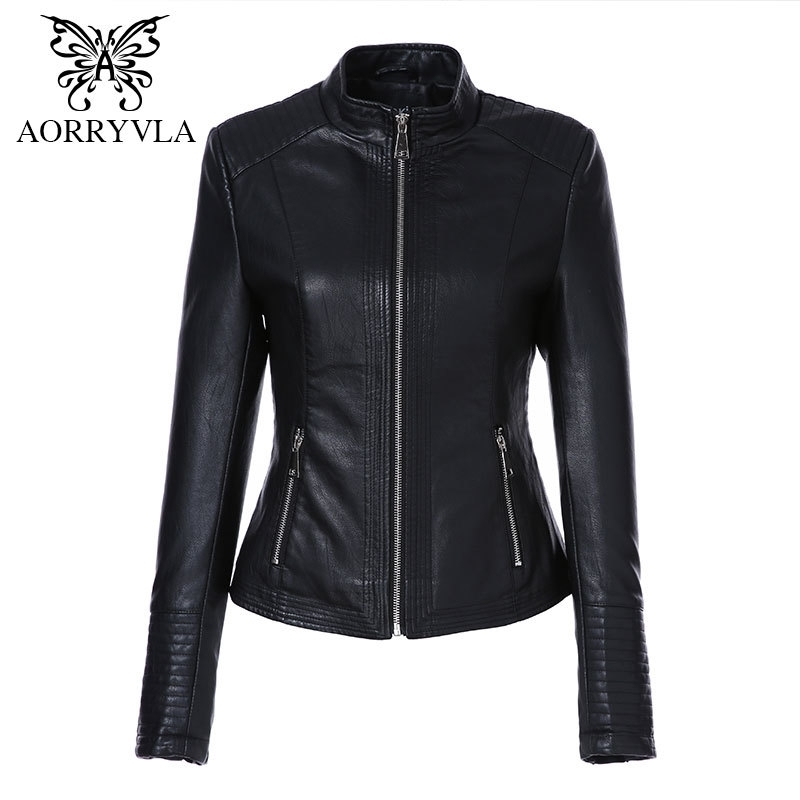 

AORRYVLA Plus Size Women's Leather Jacket Mandarin Collar Zipper Black Faux Leather Jacket Slim Style Autumn Female Outwear 201029, Dark blue