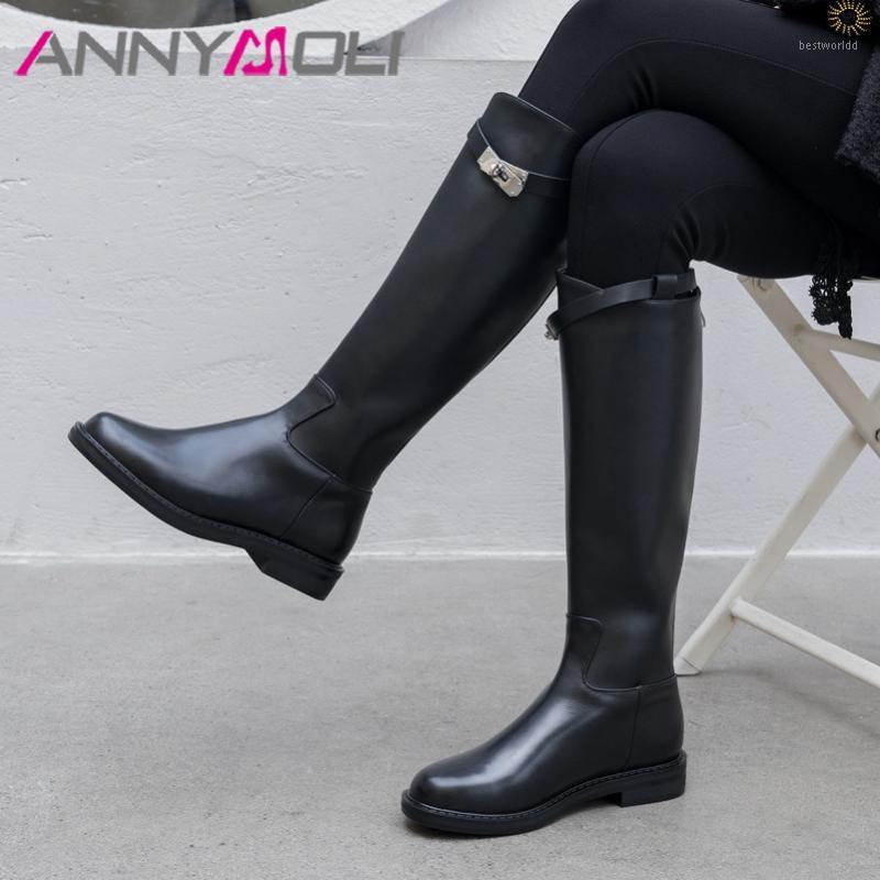 

ANNYMOLI Buckle Real Leather Mid Heel Knee-High Boots Riding Boots Women Shoes Zip Thick Heels Lady Long Autumn Winter 421, Black synthetic lin