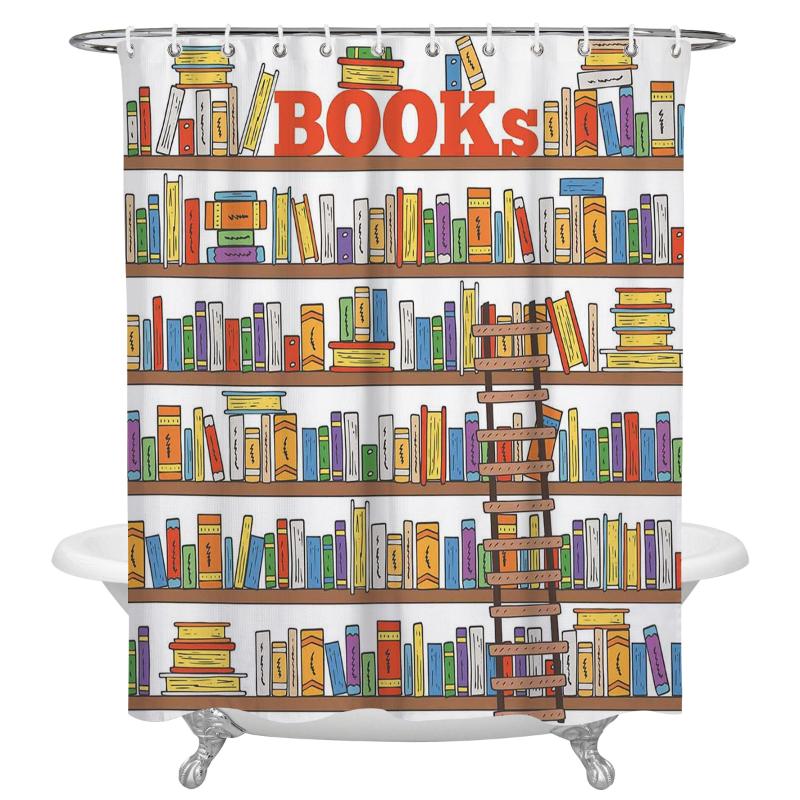 

Books Painted On Shelves Shower Curtain Decorative Waterproof Polyester Fabric Bathroom Curtains with Hooks Home Bath Decor