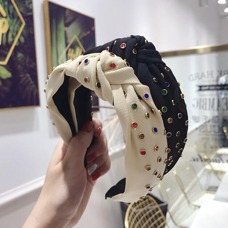 

New Arrival Women Hairband Bohemian Satin Headband Shining Rhinestone Hair Accessories For Adult Knot High Quality Headwear, Silver