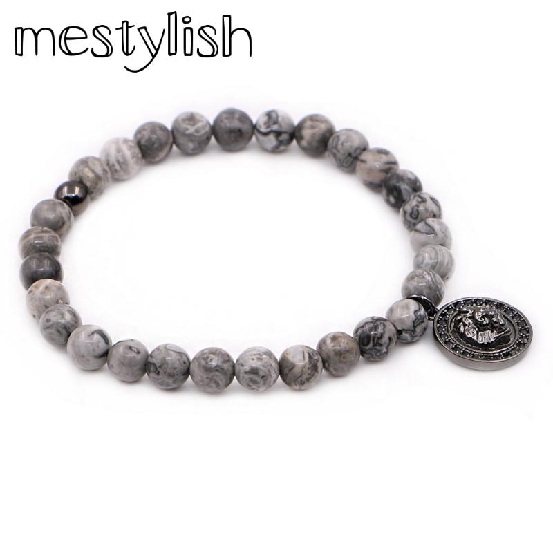 

Mestylish New Fashion Grey Onyx Beads Lion Charm Pendant handmade Bracelet fit Man Women Best Friend Gift