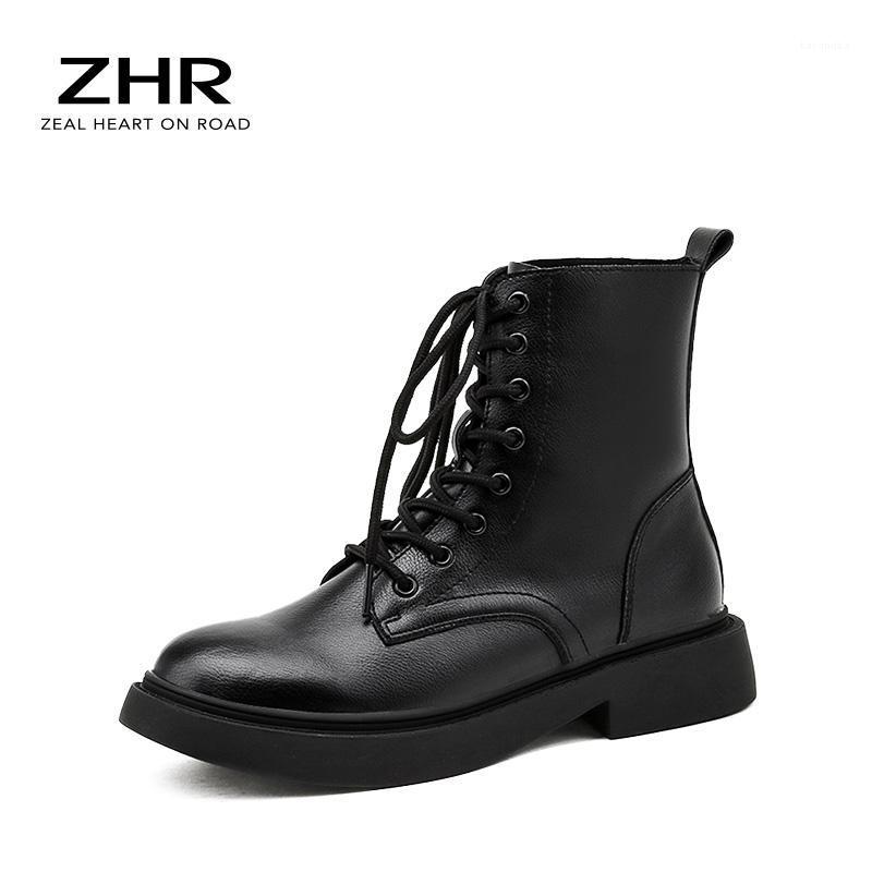 

2021 Genuine Leather platform Boots Women Winter Chunky Boots Black Ankle Motorcycle Thick Heel Platform1