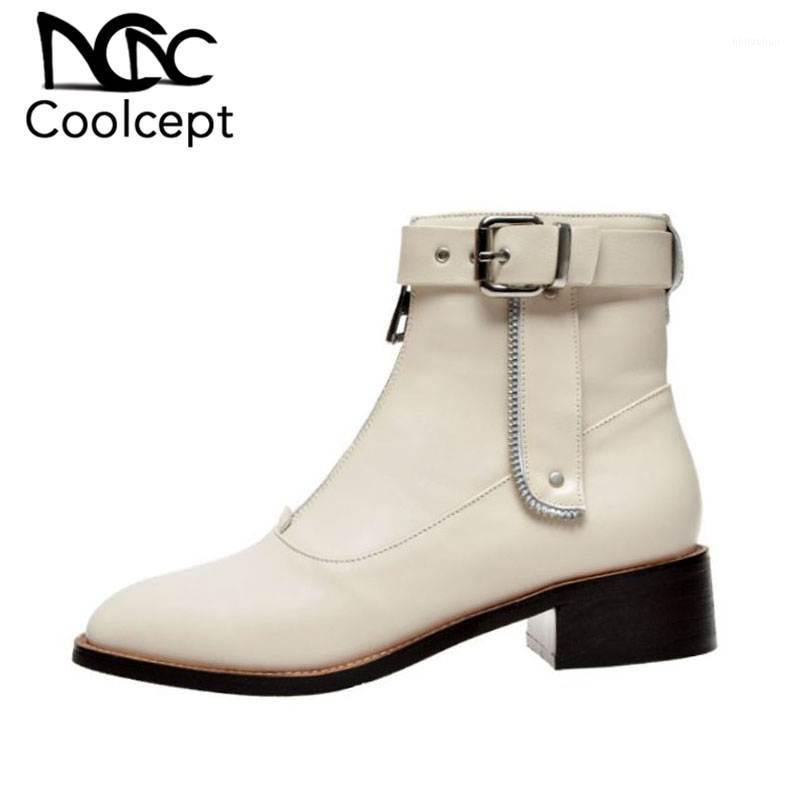 

CoolCept Ankle Boots Women Real Leather New Winter Low Heels Short Boots Fashion Buckle Zipper Square Toe Shoes Women Size 34-401, Ivory without fur